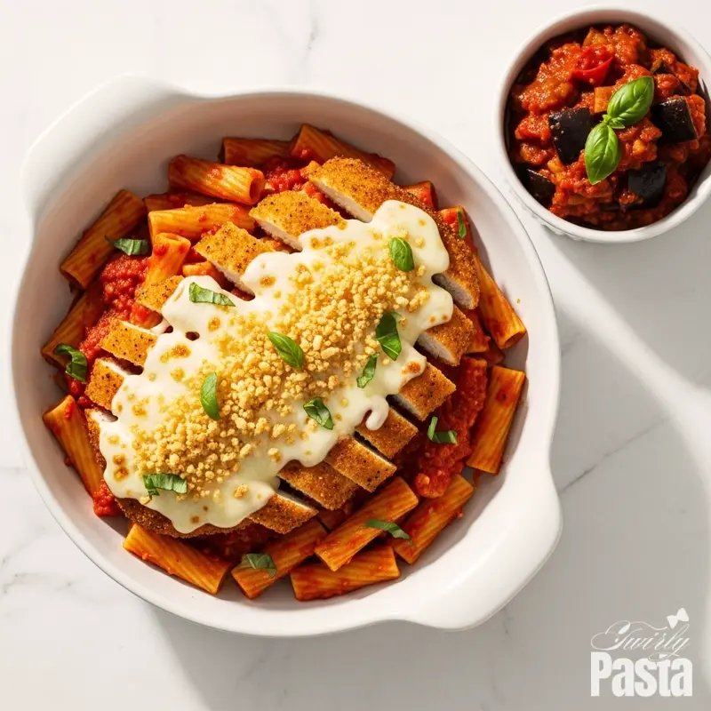 A final plated, top-down shot of chicken parmesan pasta in a large white bowl, served alongside a side of eggplant caponata.