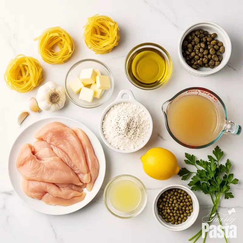 A top-down view of all the raw ingredients for chicken piccata arranged on a white marble countertop.