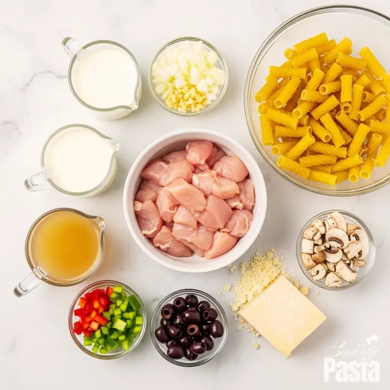 Overhead view of ingredients for Chicken Riggies arranged on a white marble surface, including chicken, rigatoni, bell peppers, cream, and cheese.