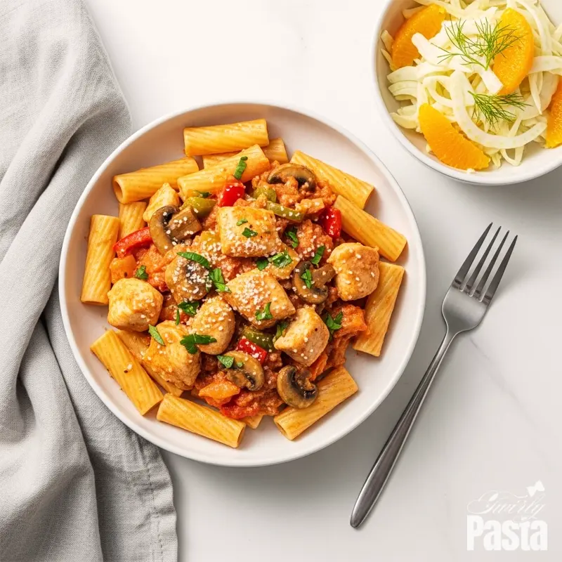 An overhead photo of a bowl of Chicken Riggies next to a side salad of shaved fennel and orange.