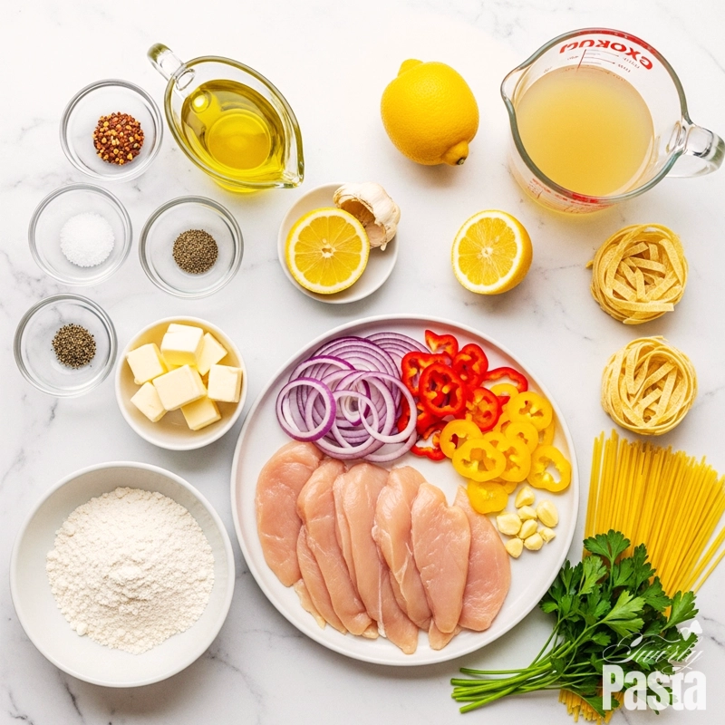 A top-down view of all the raw ingredients for chicken scampi, including chicken cutlets, bell peppers, onion, garlic, pasta, and seasonings, arranged neatly on a white marble countertop.