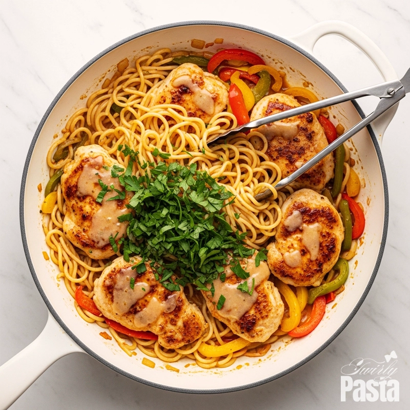 An overhead view of the finished chicken scampi, with pasta, chicken, and vegetables being tossed together in a creamy sauce inside a white skillet.