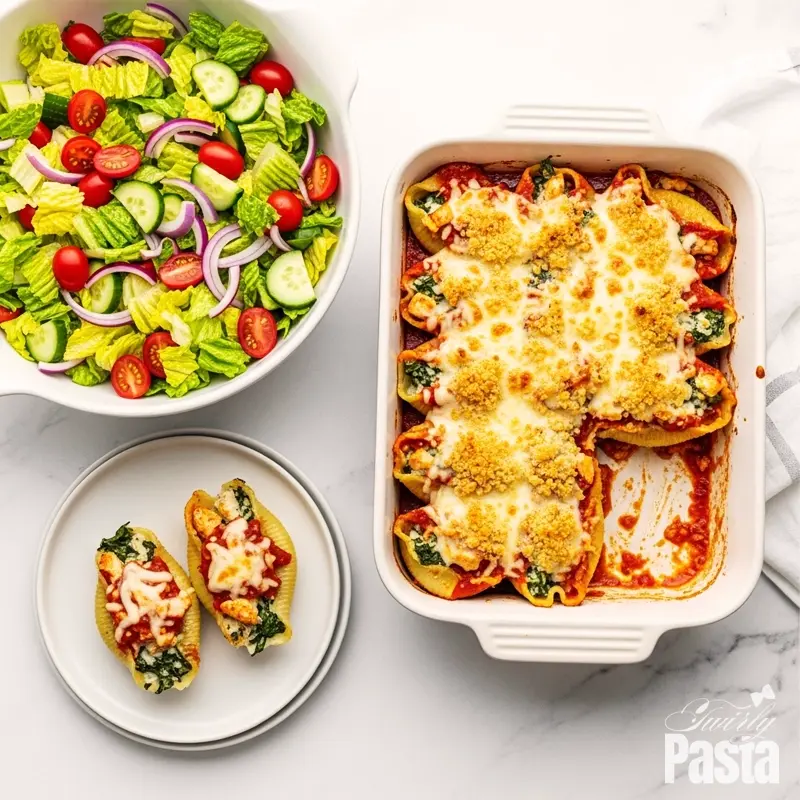 A top-down photo of a serving of baked chicken stuffed shells on a plate, next to the full baking dish and a large bowl of fresh Italian chopped salad.