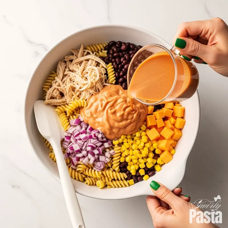 Top-down view of pasta salad ingredients in a large white bowl with creamy BBQ ranch dressing being poured over them.