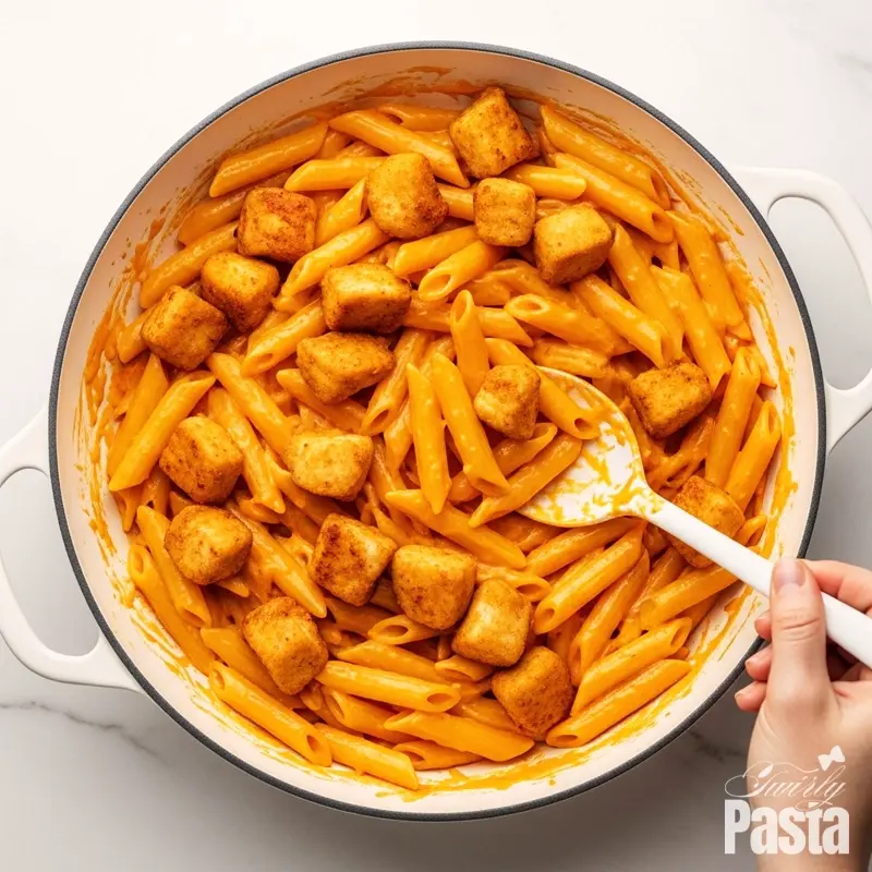 A top-down view of cooked penne pasta and seared chicken being mixed into a creamy buffalo cheese sauce in a white skillet.