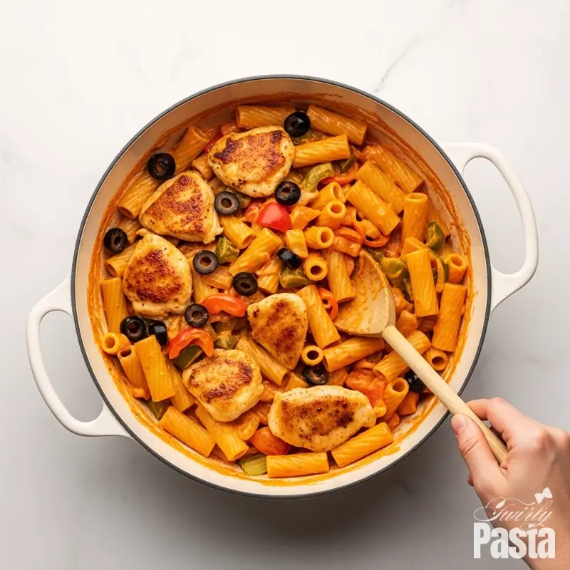 Top-down photo of cooked rigatoni, chicken, and vegetables being mixed together in a creamy pink sauce inside a white pot.