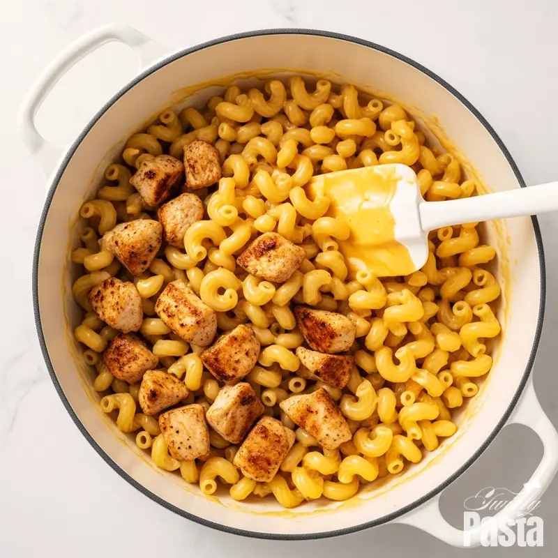 Overhead shot of cooked pasta and chicken being mixed into a large pot of creamy cheese sauce.
