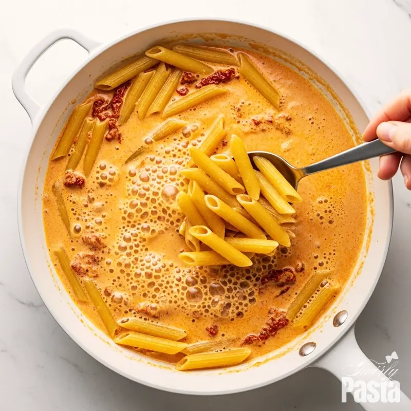 Overhead view of uncooked penne pasta being added directly to the simmering cream sauce in a skillet.