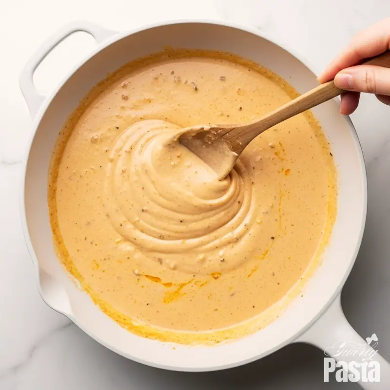 A flat lay image of a rich, creamy Cajun sauce gently simmering and thickening in a white ceramic pan, with a spoon lifting some to show the texture.