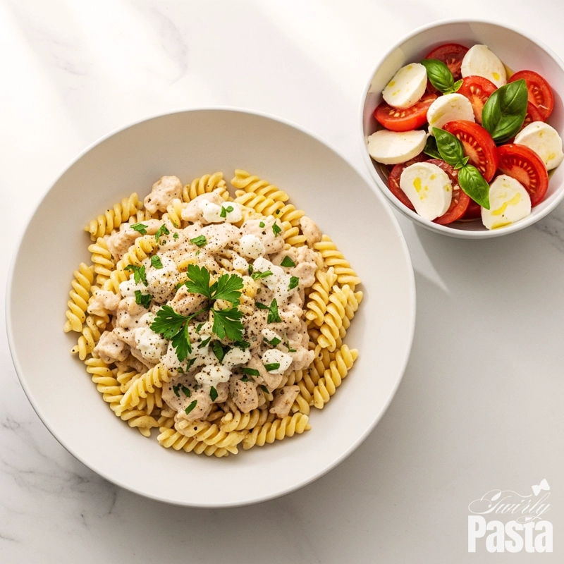 A beautifully plated bowl of creamy goat cheese chicken pasta served alongside a fresh tomato and mozzarella salad, seen from directly above.