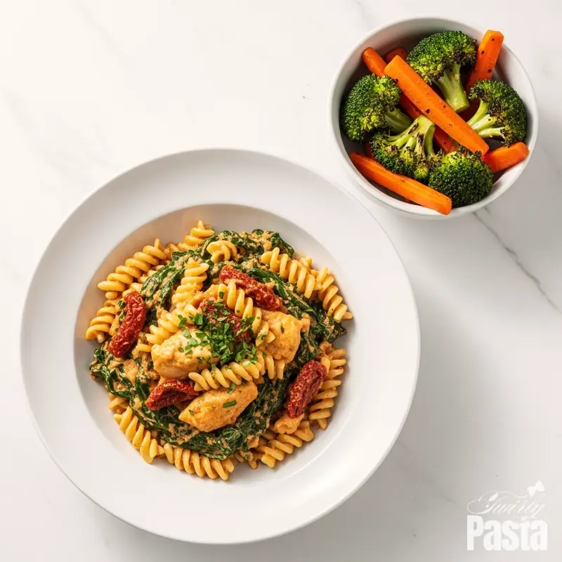 A plated bowl of creamy sun-dried tomato chicken pasta next to a bowl of roasted vegetables, seen from above.