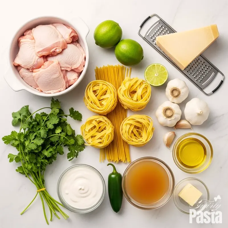 A top-down view of the ingredients for creamy cilantro-lime chicken fettuccine arranged on a white marble slab.