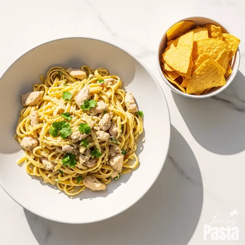 A flat lay of a bowl of creamy cilantro-lime chicken pasta served alongside a bowl of tortilla chips.