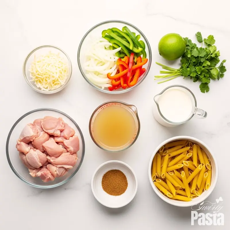 Overhead view of ingredients for creamy fajita pasta, including raw chicken, sliced peppers, penne pasta, cheese, and spices, arranged on a white marble surface.