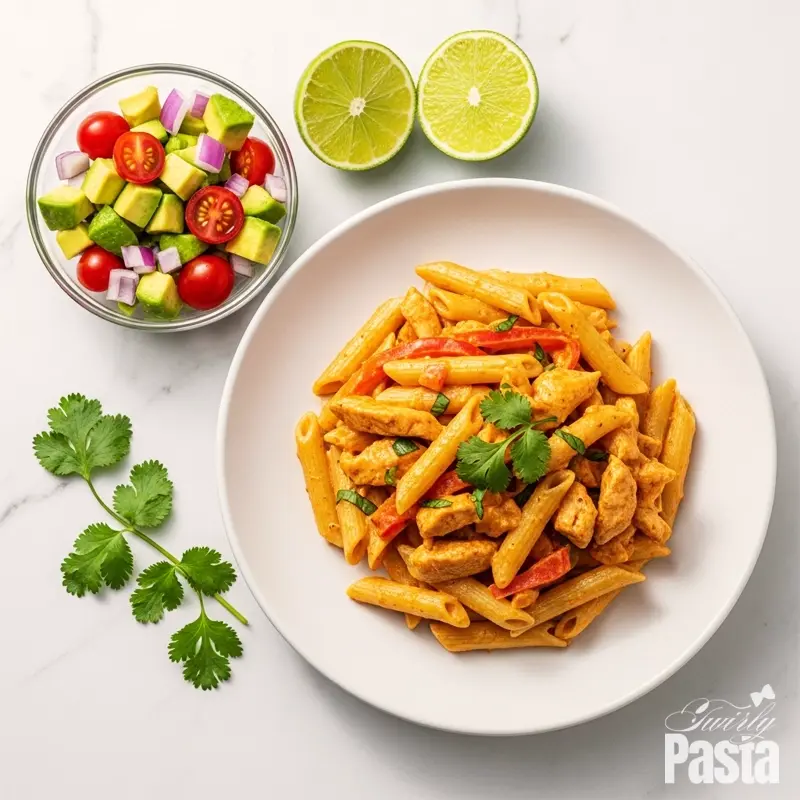 A plated serving of creamy fajita pasta next to a side salad of avocado and tomato, viewed from above.