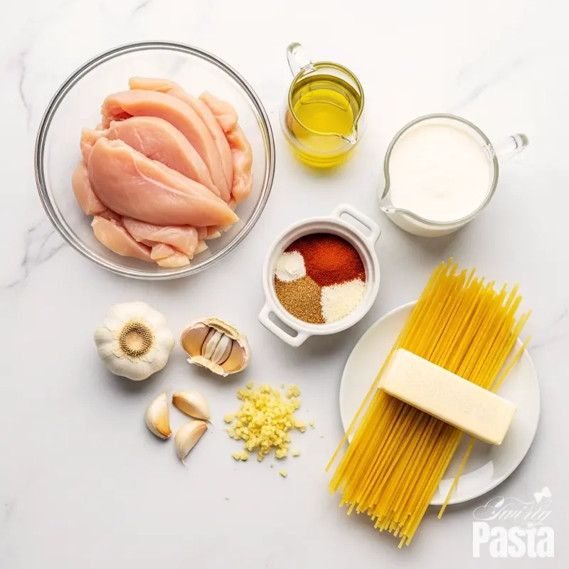 A top-down view of ingredients for creamy Lazone chicken pasta, including raw chicken, spices, cream, garlic, and spaghetti on a white marble surface.