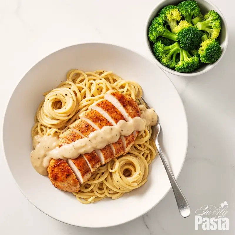 A beautiful overhead shot of a bowl of creamy Lazone chicken pasta, served with a side of steamed broccoli.