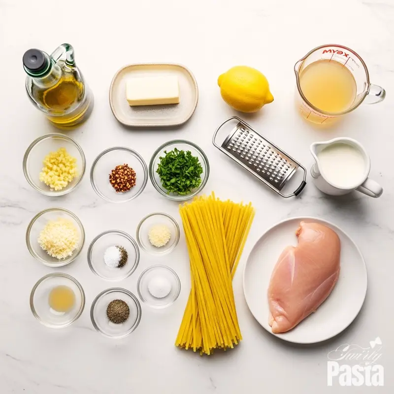 A top-down view of the ingredients for creamy lemon chicken pasta arranged on a white marble countertop.