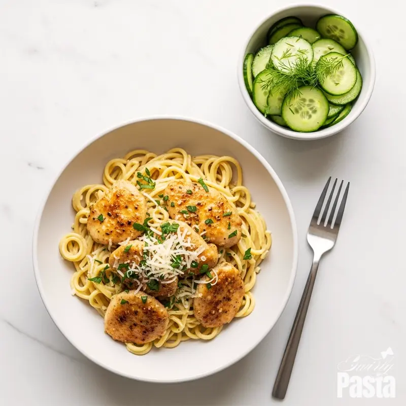 A plated serving of creamy lemon chicken pasta sits next to a side of cucumber-dill salad, viewed from directly above.