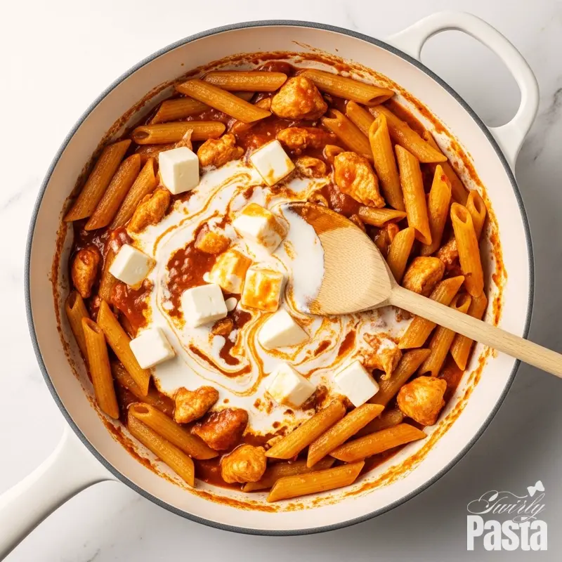 Overhead shot of cream cheese and heavy cream being stirred into the peri-peri chicken and penne pasta in a white skillet.