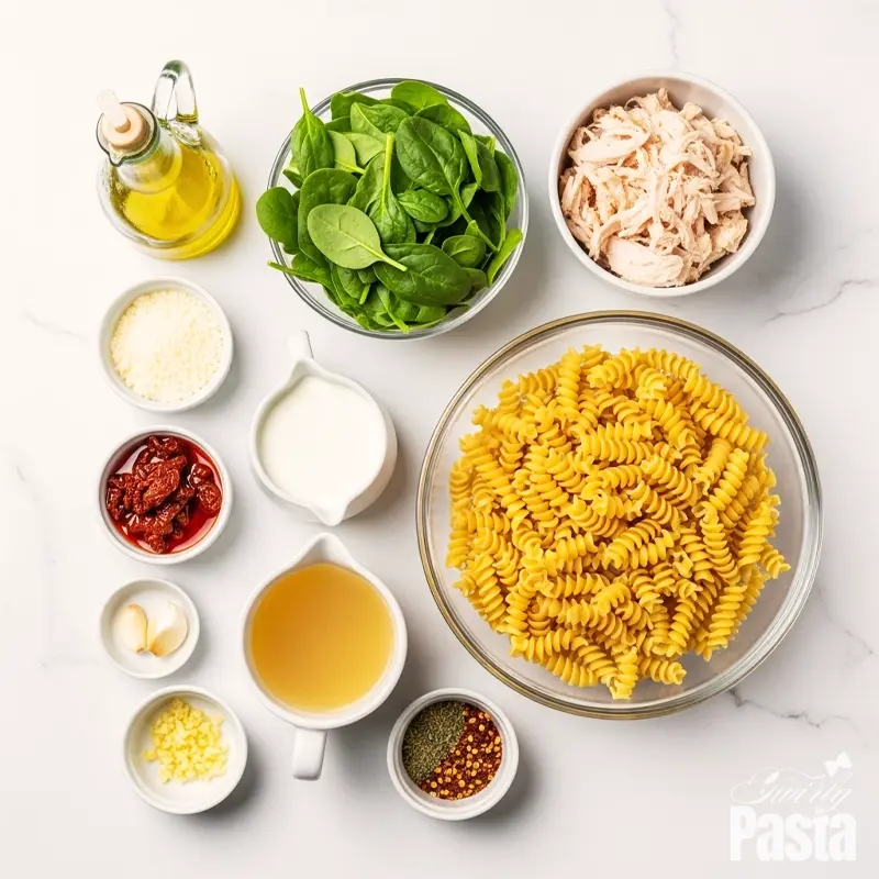 A top-down view of ingredients for creamy chicken pasta arranged on a white marble surface, including rotini, chicken, spinach, cream, and sun-dried tomatoes.