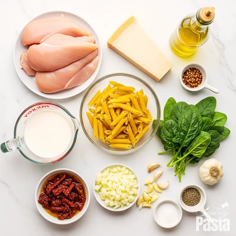 A top-down view of all the ingredients for creamy Tuscan chicken pasta, including chicken, penne, cream, spinach, and seasonings, arranged on a white marble surface.