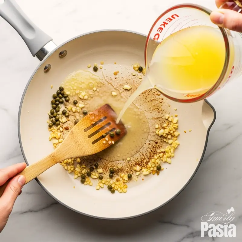A top-down view of chicken broth and lemon juice being poured into a hot skillet to deglaze the pan for the piccata sauce.