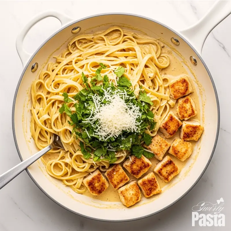 Top-down view of fettuccine, chicken, cilantro, and parmesan being tossed together in a skillet.