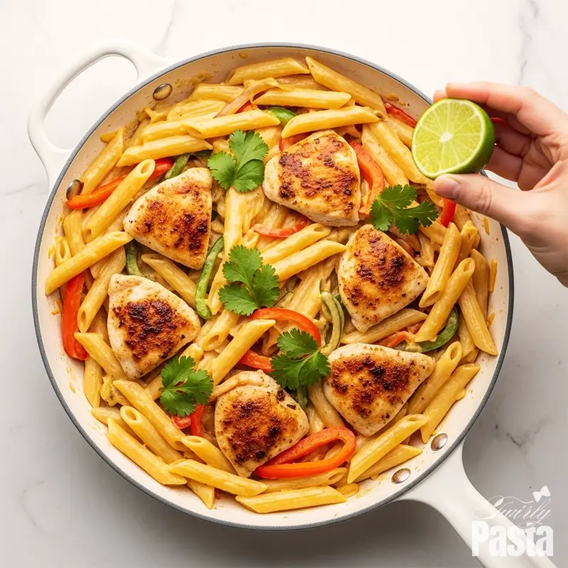A top-down view of the finished creamy fajita pasta in a white skillet, being garnished with fresh cilantro and lime.