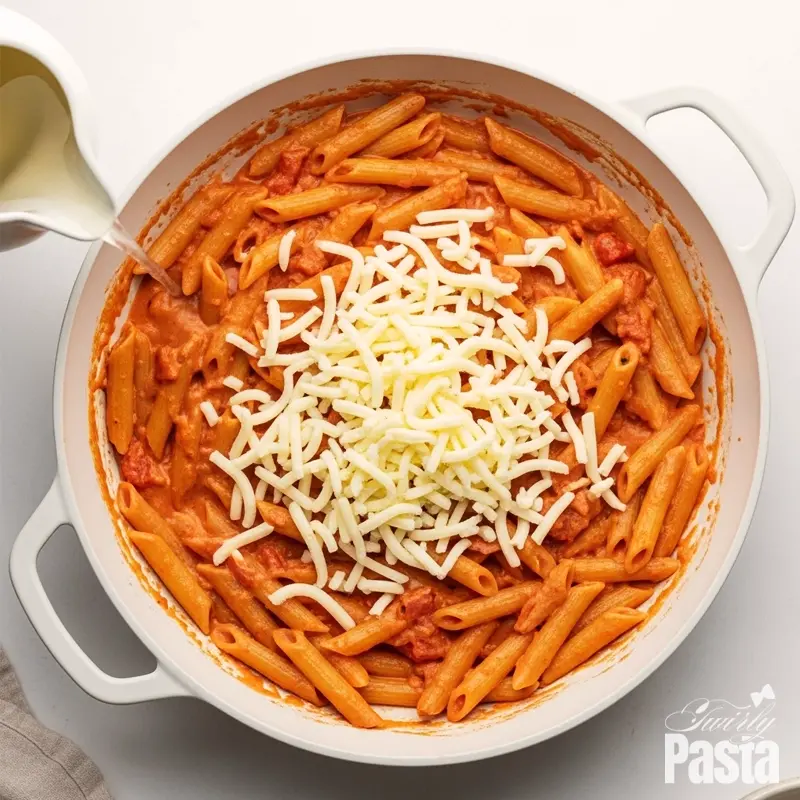Top-down view of cooked penne pasta being mixed with creamy pink sauce and mozzarella in a large white skillet.
