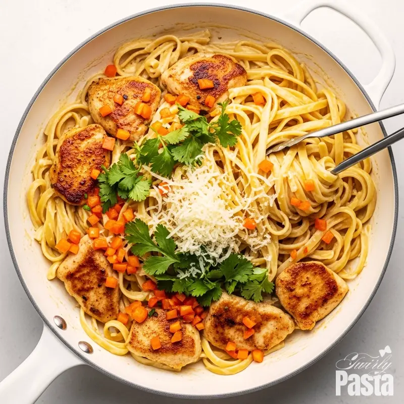 A top-down view of creamy habanero fettuccine being tossed with fresh parmesan and cilantro in a white skillet.