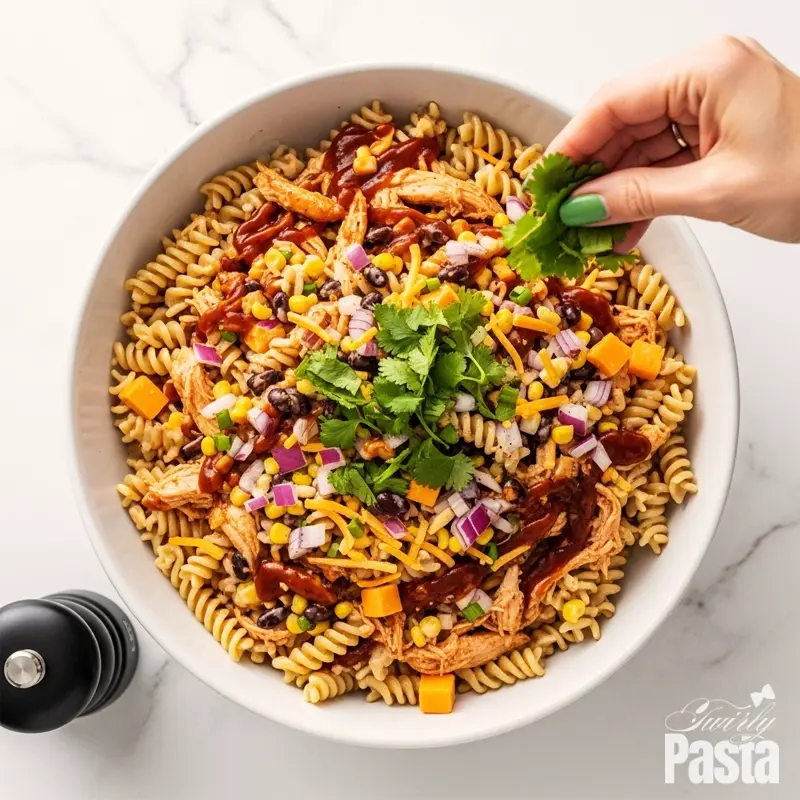 A final toss of the BBQ chicken pasta salad, with fresh cilantro and black pepper being added from above.