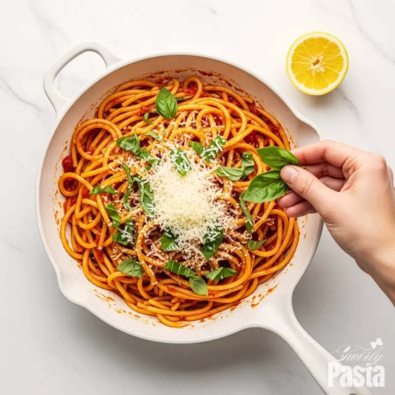 A top-down shot of Calabrian chili pasta in a skillet being finished with a sprinkle of fresh basil and grated Parmesan cheese.