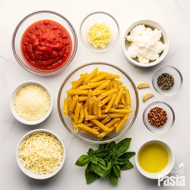 A top-down view of all the ingredients for four cheese pasta arranged on a white marble countertop.