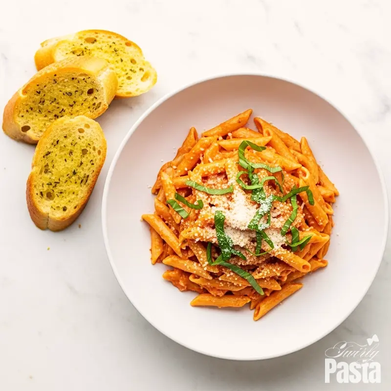 A beautifully plated bowl of four cheese pasta garnished with basil, served with a side of classic garlic bread.