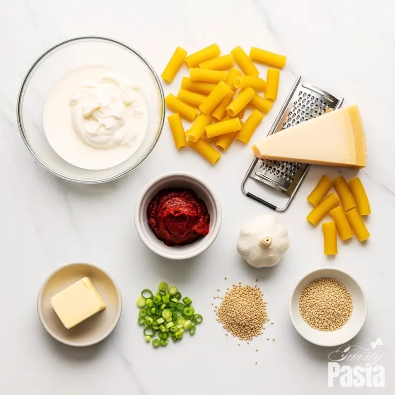 Overhead view of ingredients for gochujang cream pasta, including rigatoni, gochujang, cream, and Parmesan cheese, arranged on a white marble surface.