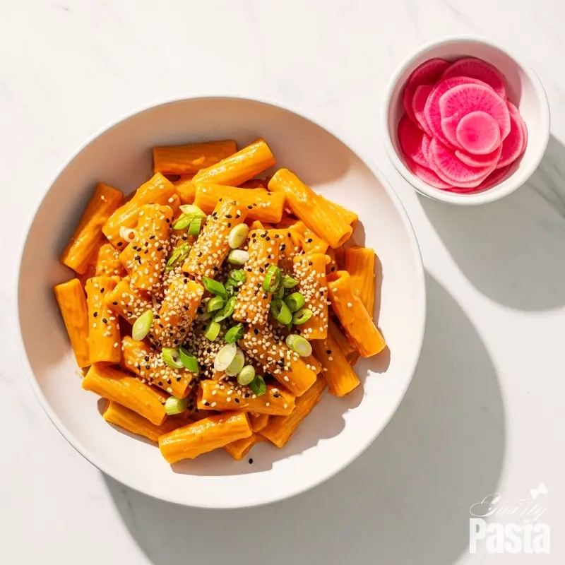 A plated bowl of creamy gochujang rigatoni pasta, garnished with scallions and sesame seeds, served alongside a small bowl of pickled radishes.