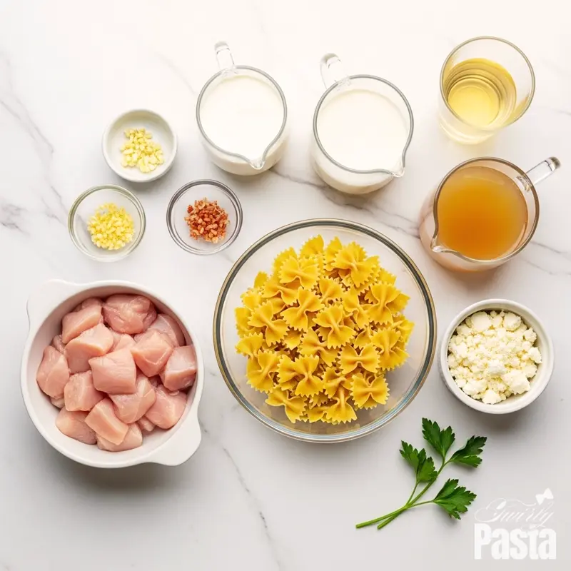 A top-down view of all the ingredients for gorgonzola chicken pasta, including chicken, pasta, gorgonzola, cream, and herbs, arranged on a white marble surface.