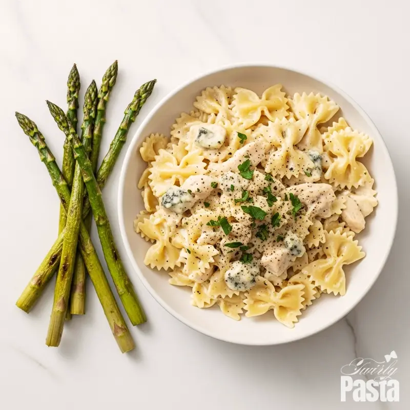 A beautiful top-down shot of a bowl of gorgonzola chicken pasta served alongside roasted asparagus on a white marble table.