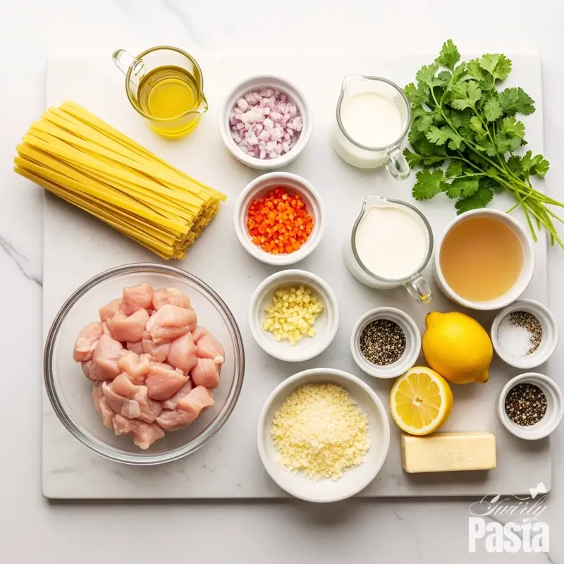 A 90-degree overhead shot of all the raw ingredients for habanero cream pasta arranged on a white marble surface.