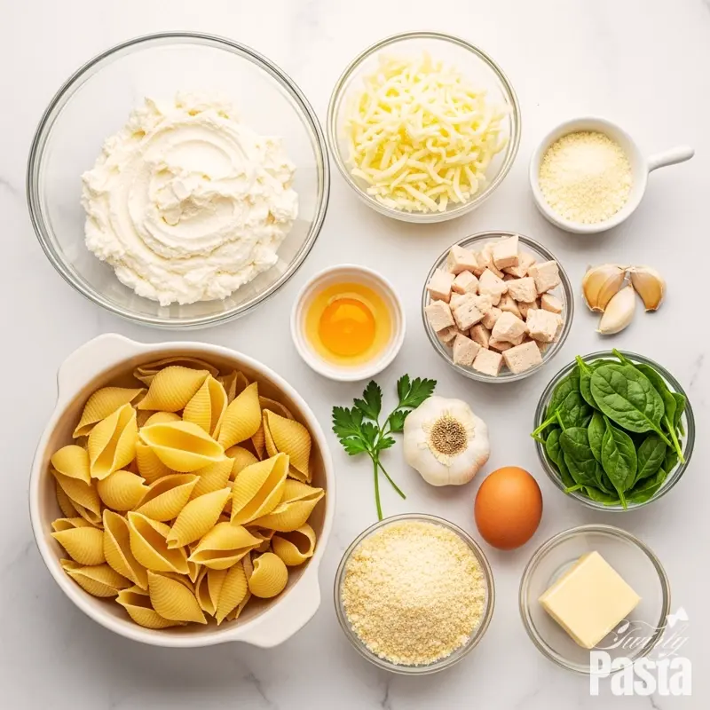 A top-down view of all the ingredients for chicken and spinach stuffed shells, including ricotta, mozzarella, parmesan, pasta shells, and spinach, arranged on a white marble countertop.