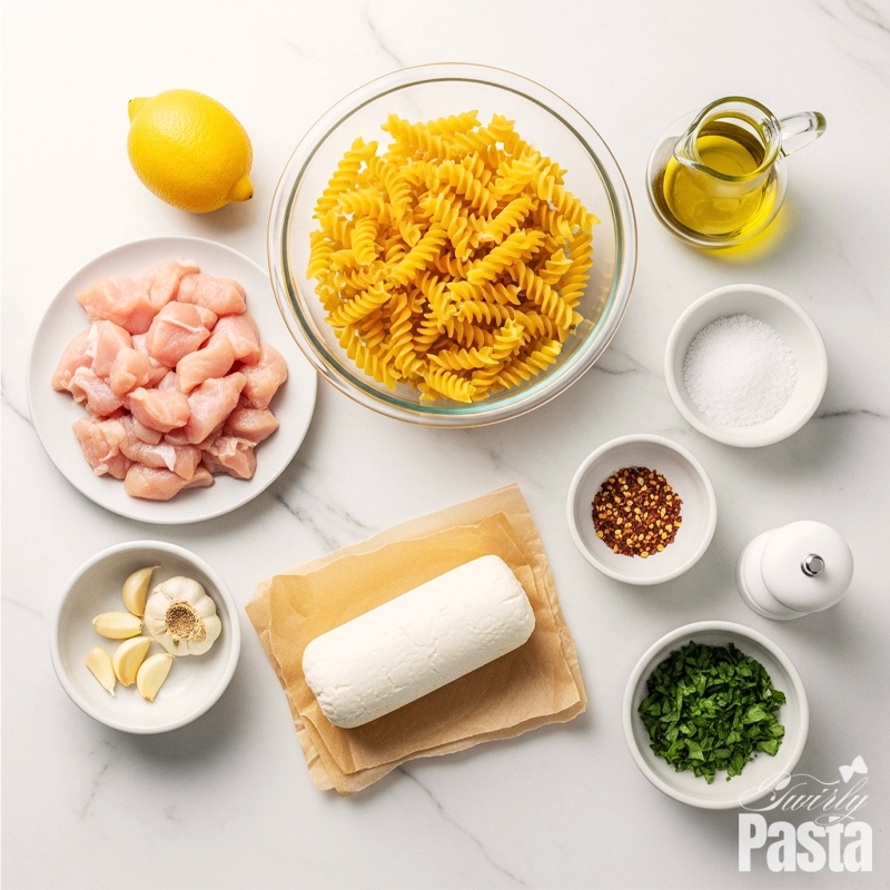 A top-down flat lay of all the raw ingredients for goat cheese chicken pasta, including fusilli, chicken, goat cheese, lemon, and spices on a white marble background.