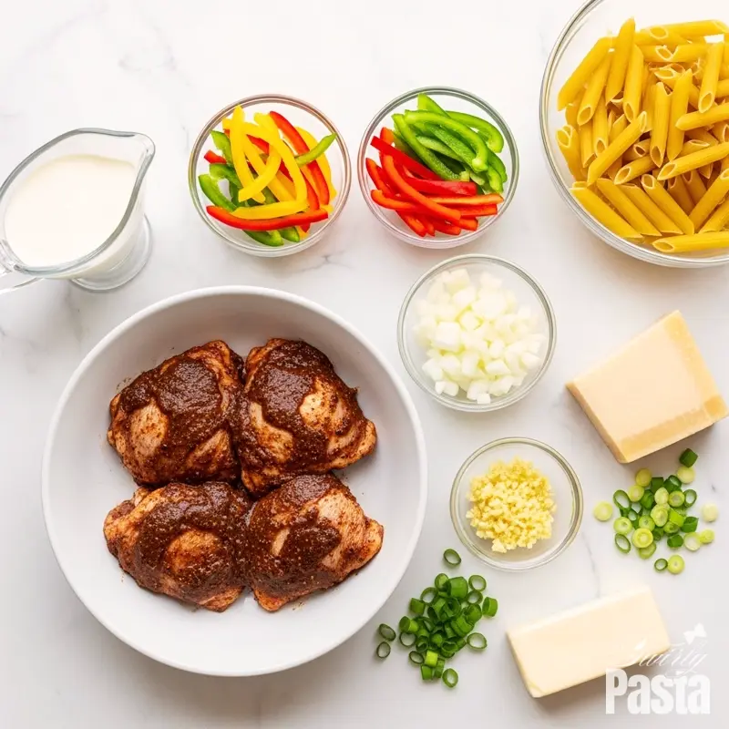 Overhead view of ingredients for creamy jerk chicken pasta arranged on a white marble surface.