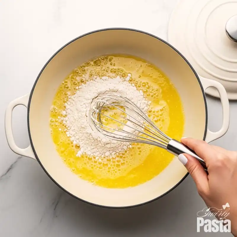 Whisking flour into melted butter in a white Dutch oven to create a roux for mac and cheese sauce.