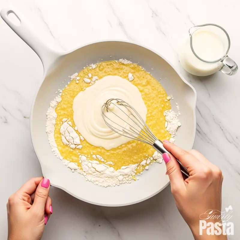 A top-down view of heavy cream being whisked into a roux to create a smooth alfredo sauce in a white pan.