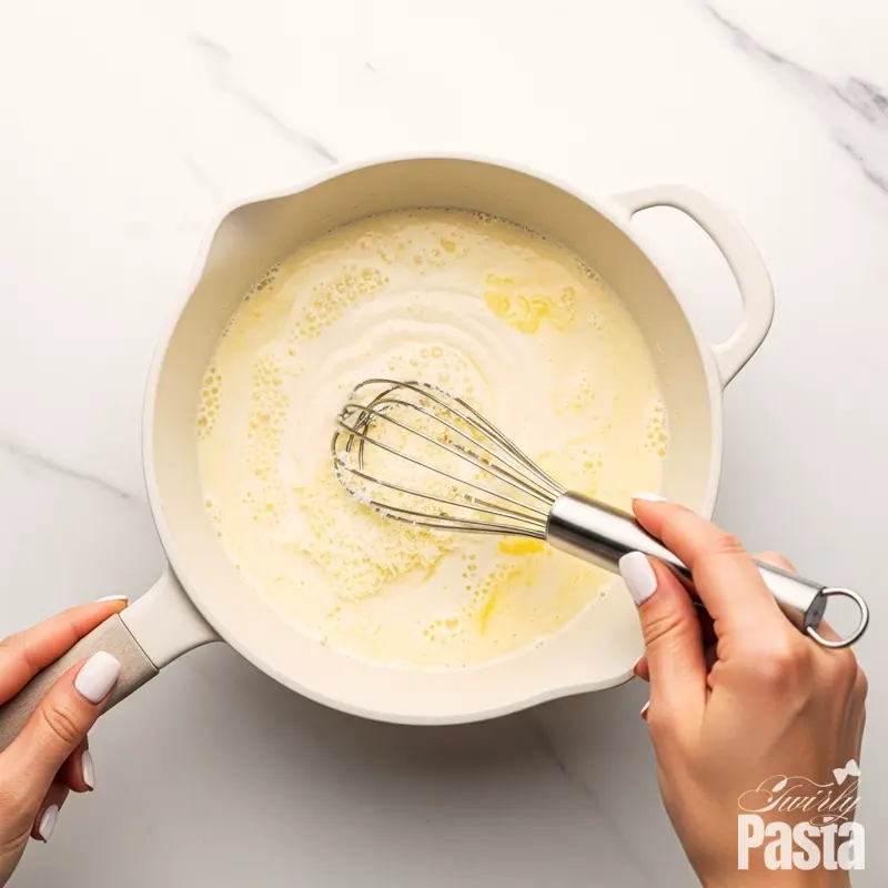 A top-down view of Parmesan cheese being whisked into a creamy sauce in a white saucepan.