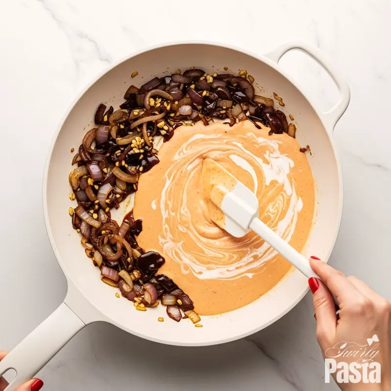 Overhead shot of a white skillet where BBQ sauce and heavy cream are being stirred together to create a creamy pinkish-orange sauce.