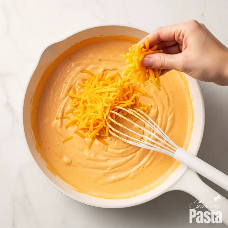 Overhead shot of shredded cheddar cheese being added to a creamy orange buffalo sauce in a white skillet.
