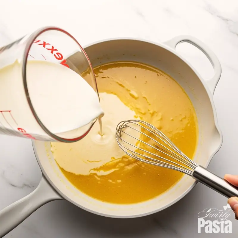 Overhead shot of freshly grated Parmesan cheese melting into a creamy sauce in a white skillet.