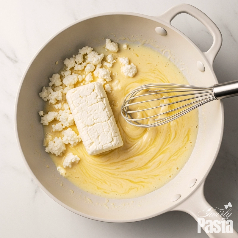 A top-down action shot of whisking goat cheese and pasta water in a white skillet to create a smooth, creamy sauce.